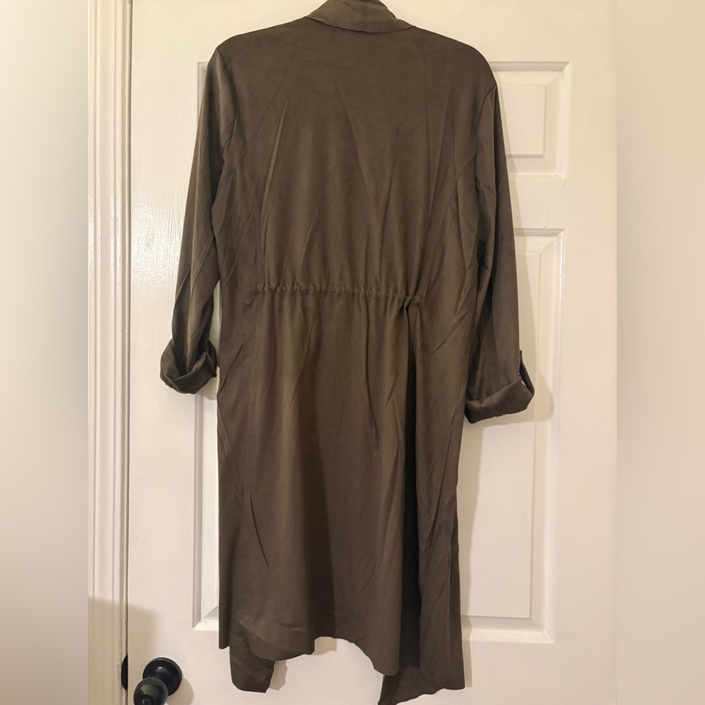 Philosophy olive faux leather Open Front duster Cardigan with drawstring size L - Picture 5 of 6